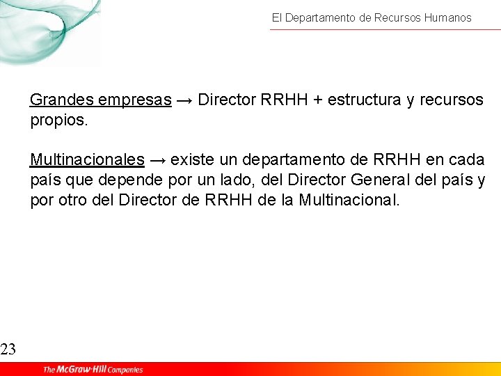 23 El Departamento de Recursos Humanos Grandes empresas → Director RRHH + estructura y