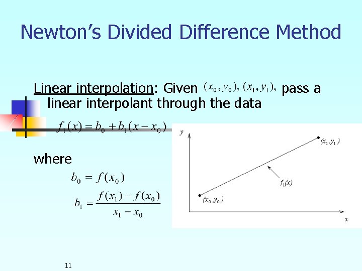 Newton’s Divided Difference Method Linear interpolation: Given linear interpolant through the data where 11