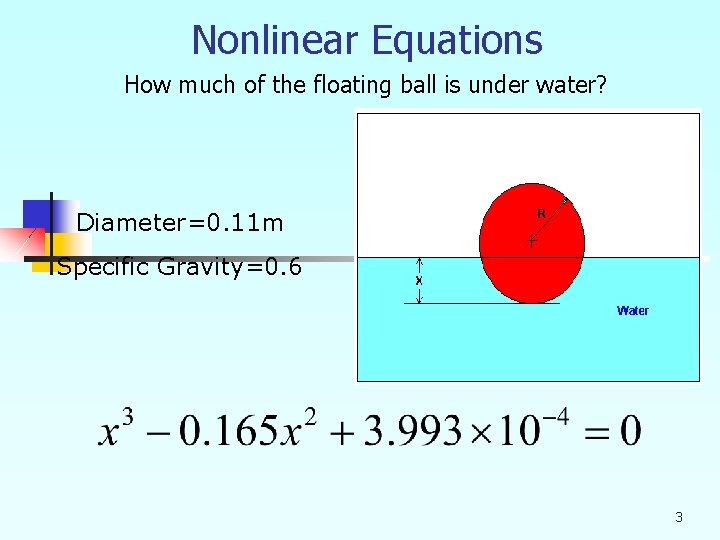 Nonlinear Equations How much of the floating ball is under water? Diameter=0. 11 m