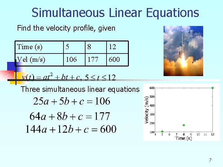 Simultaneous Linear Equations Find the velocity profile, given Time (s) 5 8 12 Vel