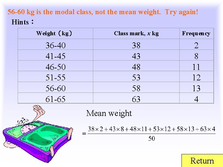 56 -60 kg is the modal class, not the mean weight. Try again! Hints：