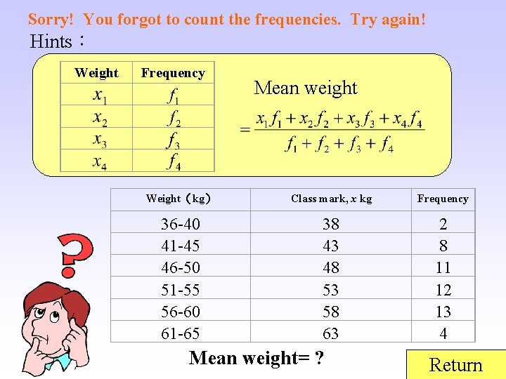 Sorry! You forgot to count the frequencies. Try again! Hints： Weight Frequency Mean weight