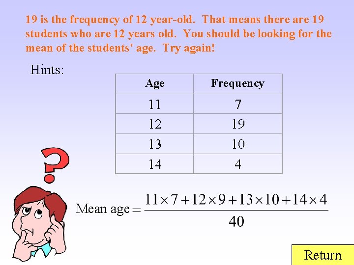 19 is the frequency of 12 year-old. That means there are 19 students who