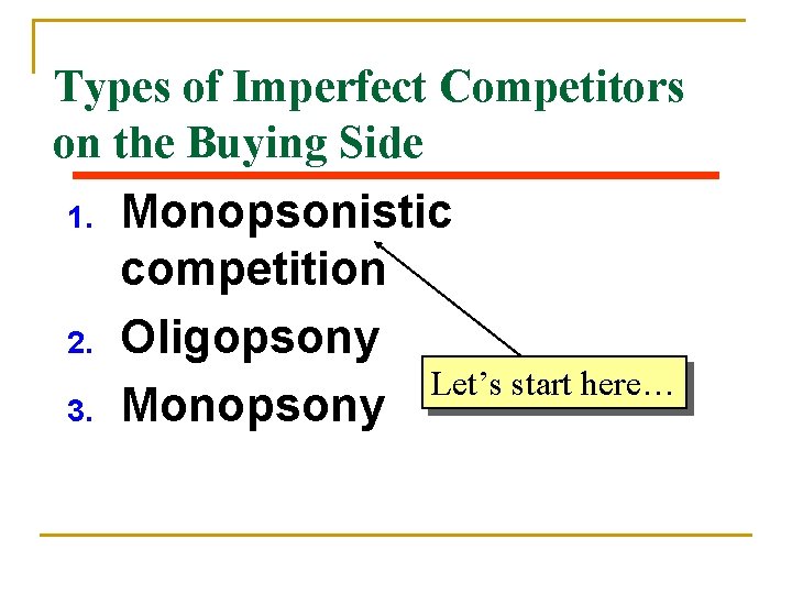 Types of Imperfect Competitors on the Buying Side 1. 2. 3. Monopsonistic competition Oligopsony