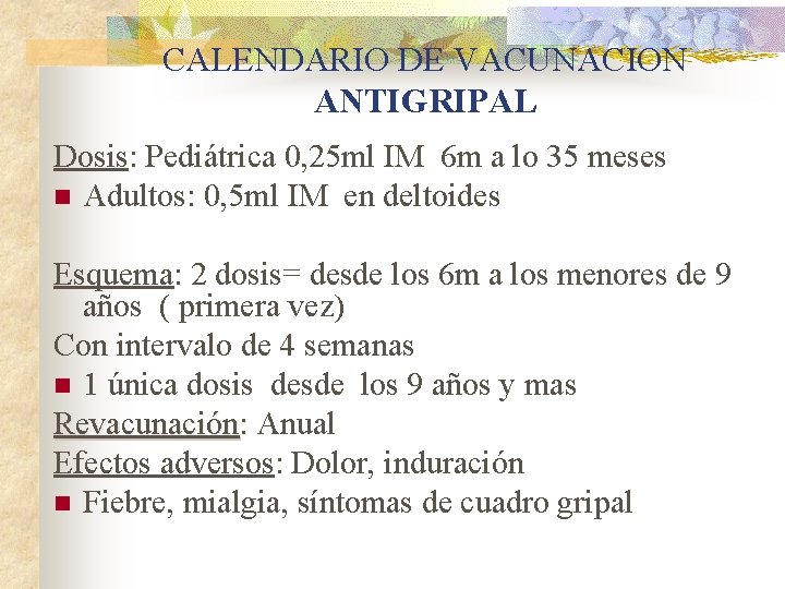 CALENDARIO DE VACUNACION ANTIGRIPAL Dosis: Pediátrica 0, 25 ml IM 6 m a lo