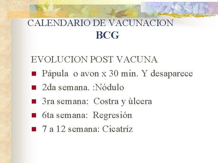 CALENDARIO DE VACUNACION BCG EVOLUCION POST VACUNA n Pápula o avon x 30 min.