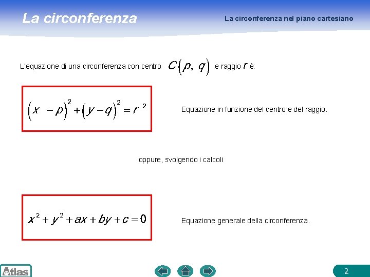 La circonferenza nel piano cartesiano L’equazione di una circonferenza con centro e raggio r