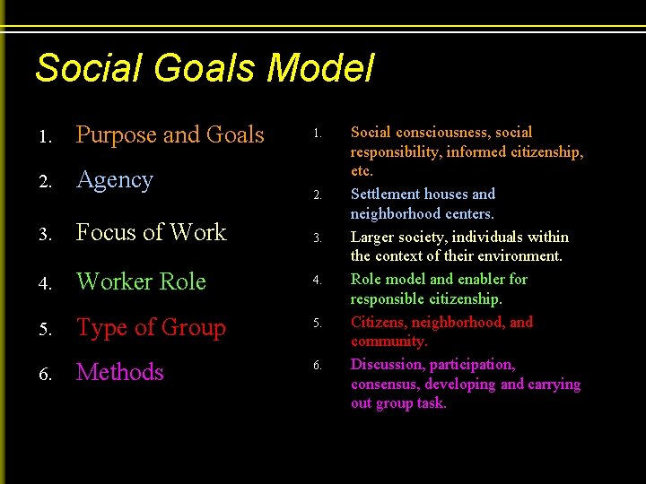 Social Goals Model 1. Purpose and Goals 2. Agency 3. Focus of Work 3.