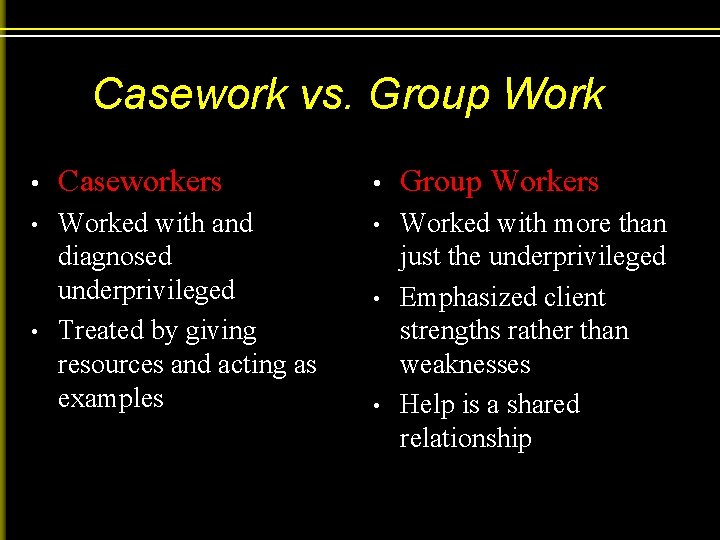Casework vs. Group Work • Caseworkers • Group Workers • Worked with and diagnosed
