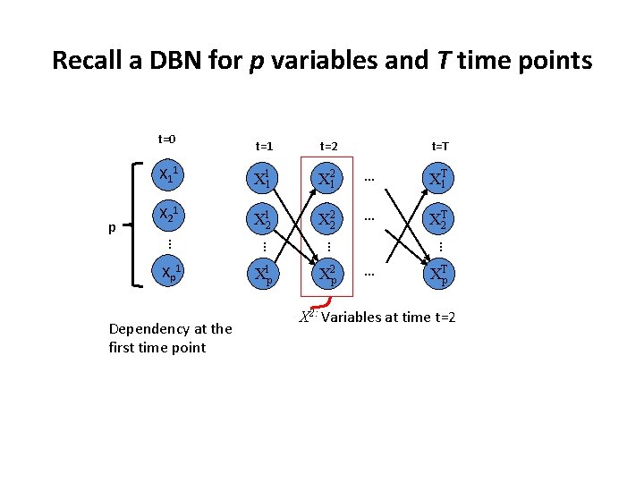 Recall a DBN for p variables and T time points t=0 p X 21