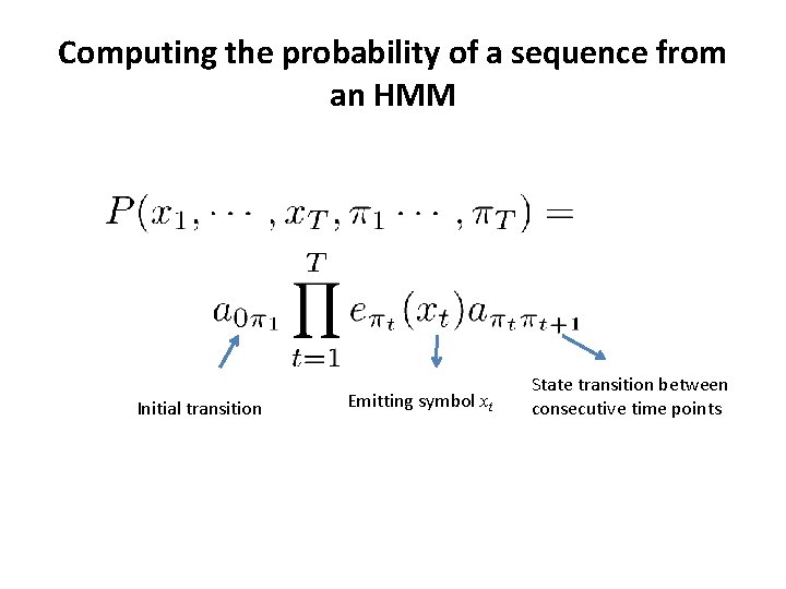 Computing the probability of a sequence from an HMM Initial transition Emitting symbol xt