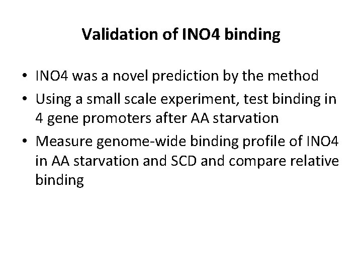 Validation of INO 4 binding • INO 4 was a novel prediction by the