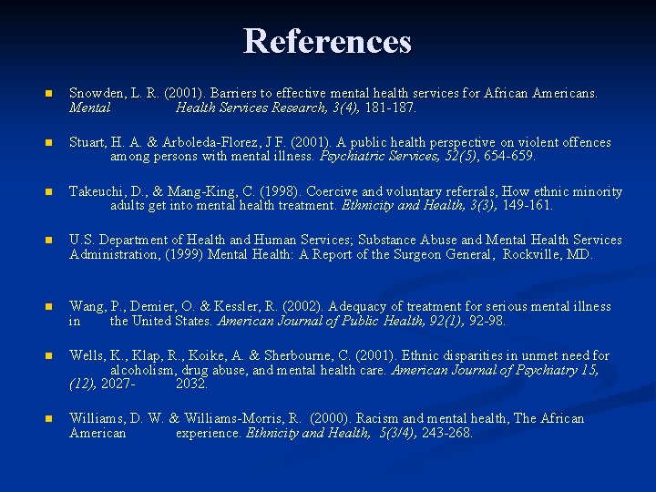 References n Snowden, L. R. (2001). Barriers to effective mental health services for African