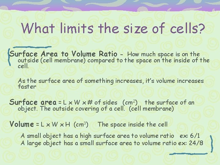 What limits the size of cells? Surface Area to Volume Ratio - How much