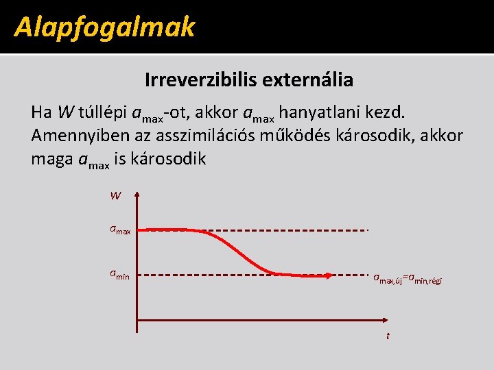 Alapfogalmak Irreverzibilis externália Ha W túllépi amax-ot, akkor amax hanyatlani kezd. Amennyiben az asszimilációs