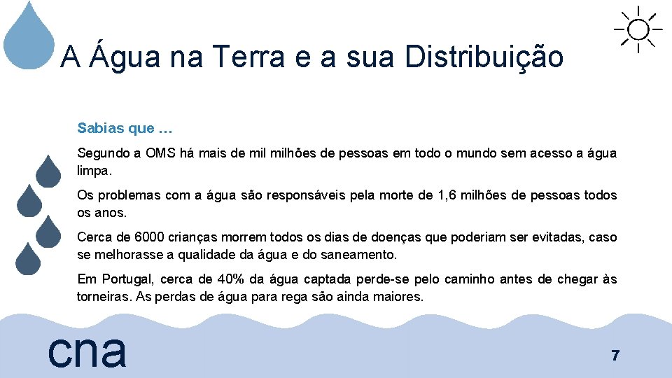 A Água na Terra e a sua Distribuição Sabias que … Segundo a OMS