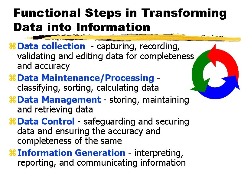 Functional Steps in Transforming Data into Information z Data collection - capturing, recording, validating