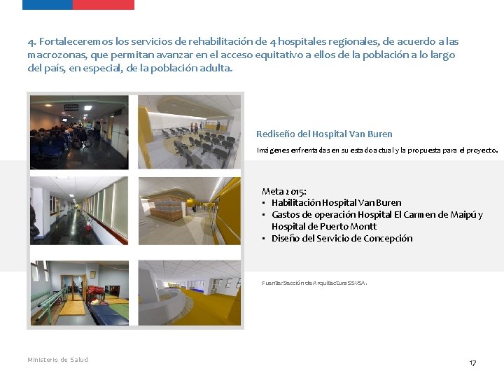 4. Fortaleceremos los servicios de rehabilitación de 4 hospitales regionales, de acuerdo a las 4. Fortaleceremos los servicios de rehabilitación de 4 hospitales regionales, de acuerdo a las