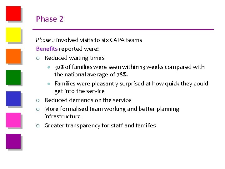 Phase 2 involved visits to six CAPA teams Benefits reported were: ¡ Reduced waiting