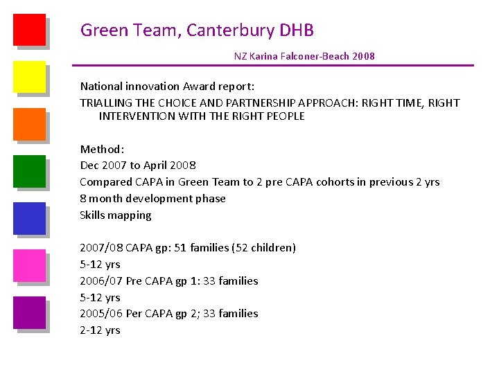 Green Team, Canterbury DHB NZ Karina Falconer-Beach 2008 National innovation Award report: TRIALLING THE