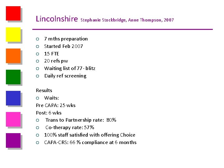 Lincolnshire Stephanie Stockbridge, Anne Thompson, 2007 ¡ ¡ ¡ 7 mths preparation Started Feb