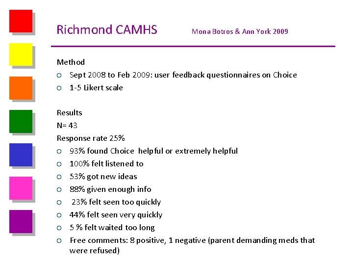 Richmond CAMHS Mona Botros & Ann York 2009 Method ¡ Sept 2008 to Feb