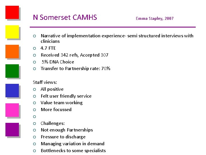 N Somerset CAMHS ¡ ¡ ¡ Emma Stapley, 2007 Narrative of implementation experience- semi