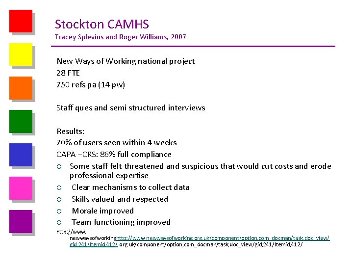 Stockton CAMHS Tracey Splevins and Roger Williams, 2007 New Ways of Working national project