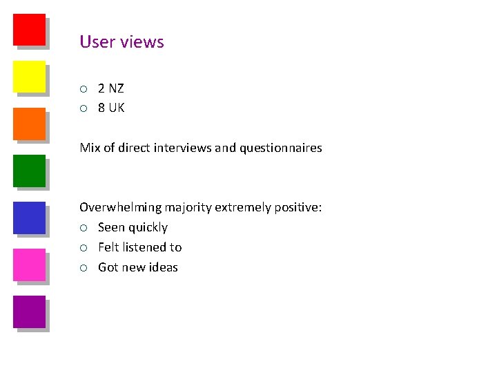 User views ¡ ¡ 2 NZ 8 UK Mix of direct interviews and questionnaires