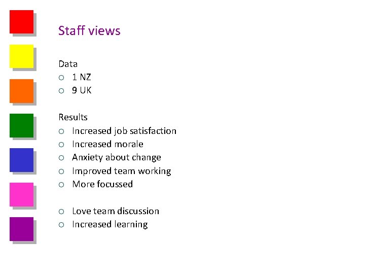 Staff views Data ¡ 1 NZ ¡ 9 UK Results ¡ Increased job satisfaction