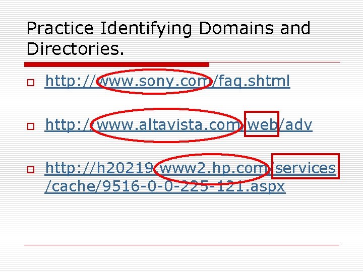 Practice Identifying Domains and Directories. o http: //www. sony. com/faq. shtml o http: //www.
