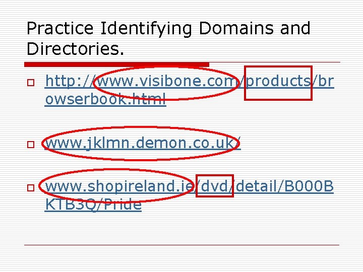 Practice Identifying Domains and Directories. o o o http: //www. visibone. com/products/br owserbook. html