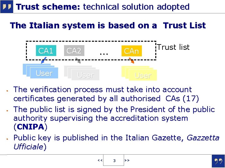 Trust scheme: technical solution adopted The Italian system is based on a Trust List
