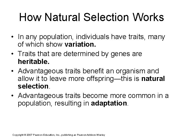 How Natural Selection Works • In any population, individuals have traits, many of which