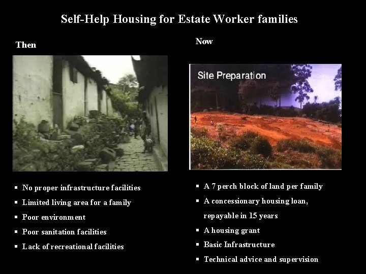 Self-Help Housing for Estate Worker families Then Now § No proper infrastructure facilities §