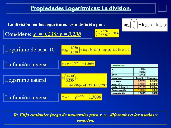 Propiedades Logarítmicas: La division. La división en los logaritmos está definida por: Considere: x