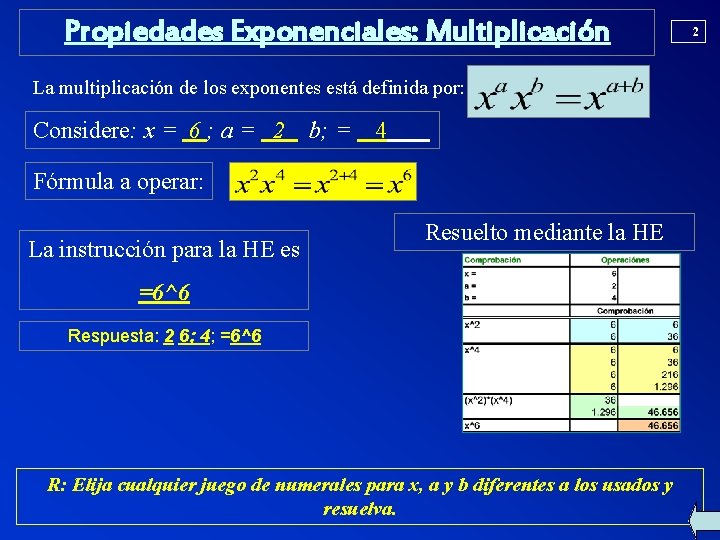 Propiedades Exponenciales: Multiplicación La multiplicación de los exponentes está definida por: Considere: x =