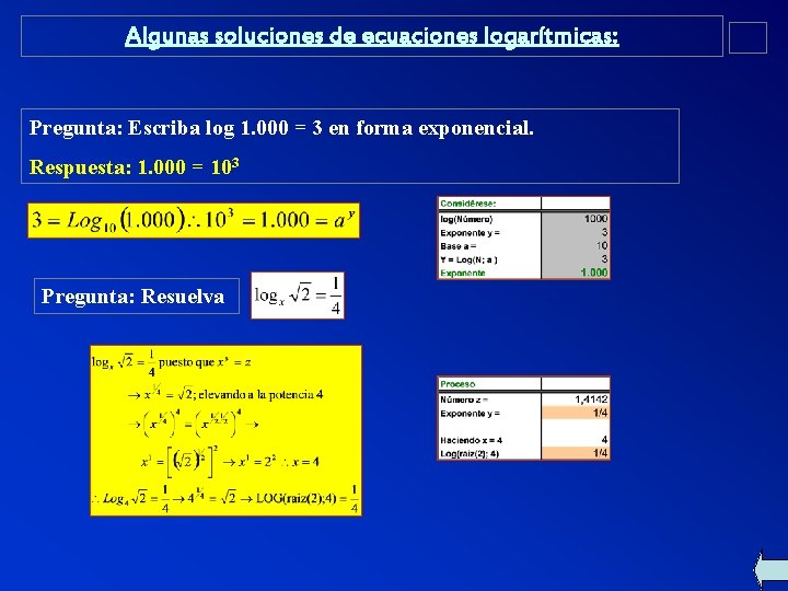 Algunas soluciones de ecuaciones logarítmicas: Pregunta: Escriba log 1. 000 = 3 en forma