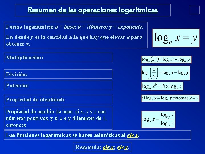 Resumen de las operaciones logarítmicas Forma logarítmica: a = base; b = Número; y