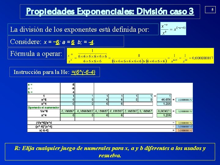 Propiedades Exponenciales: División caso 3 La división de los exponentes está definida por: Considere: