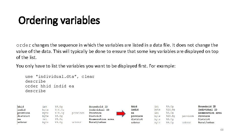 Ordering variables order changes the sequence in which the variables are listed in a
