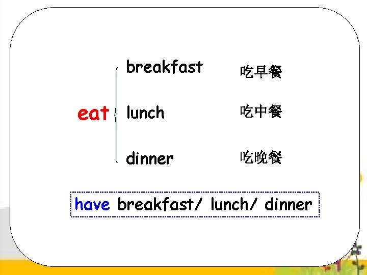 eat breakfast 吃早餐 lunch 吃中餐 dinner 吃晚餐 have breakfast/ lunch/ dinner 