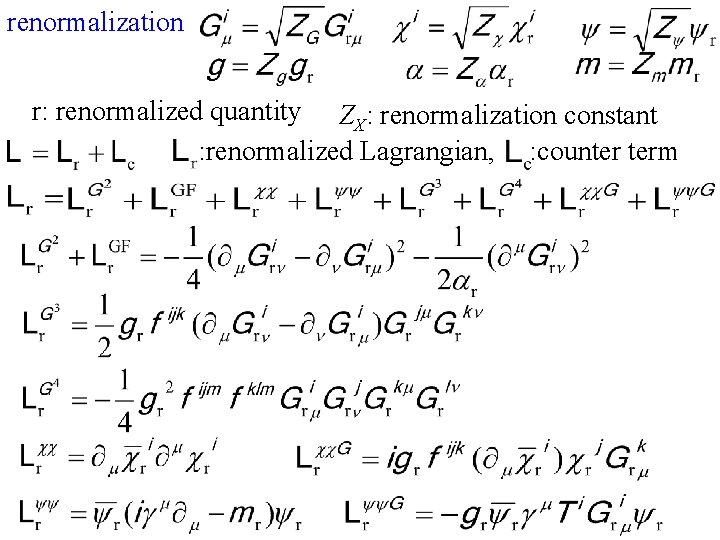 renormalization r: renormalized quantity ZX: renormalization constant : renormalized Lagrangian, : counter term 