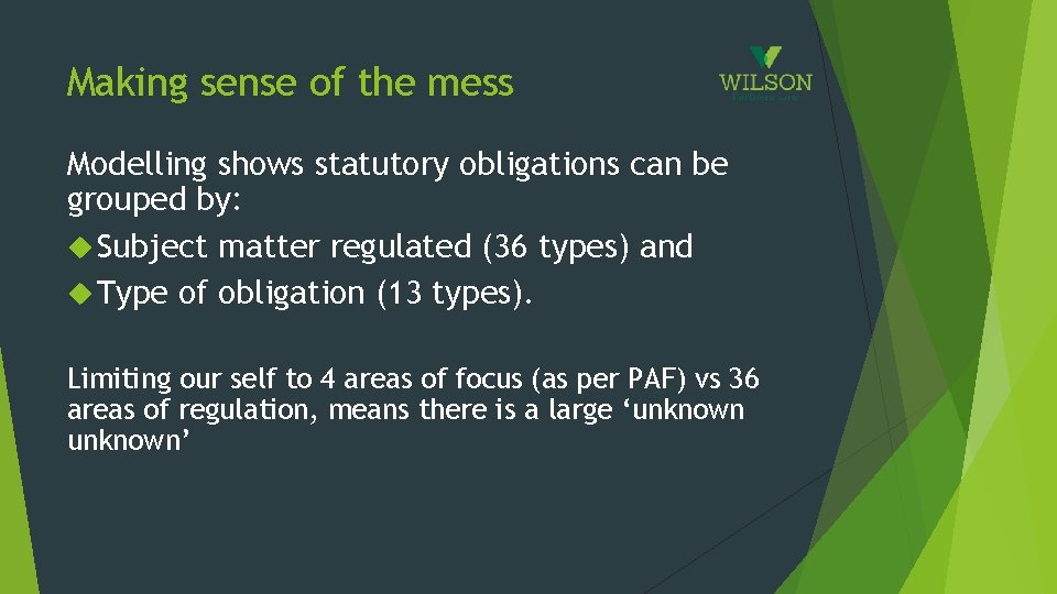 Making sense of the mess Modelling shows statutory obligations can be grouped by: Subject