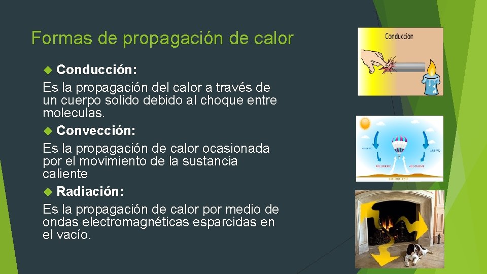 Formas de propagación de calor Conducción: Es la propagación del calor a través de