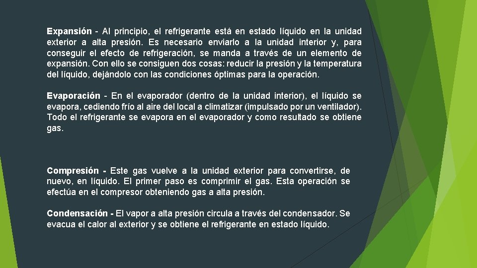 Expansión - Al principio, el refrigerante está en estado líquido en la unidad exterior