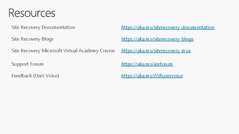 Site Recovery Documentation https: //aka. ms/siterecovery_documentation Site Recovery Blogs https: //aka. ms/siterecovery_blogs Site Recovery Site Recovery Documentation https: //aka. ms/siterecovery_documentation Site Recovery Blogs https: //aka. ms/siterecovery_blogs Site Recovery