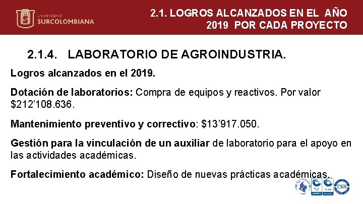 2. 1. LOGROS ALCANZADOS EN EL AÑO 2019 POR CADA PROYECTO 2. 1. 4.