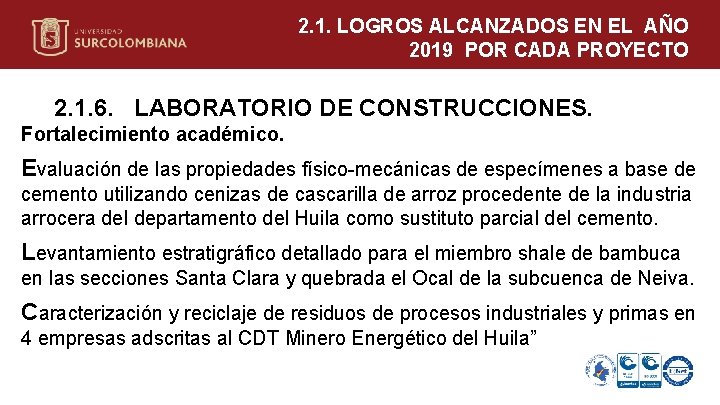 2. 1. LOGROS ALCANZADOS EN EL AÑO 2019 POR CADA PROYECTO 2. 1. 6.