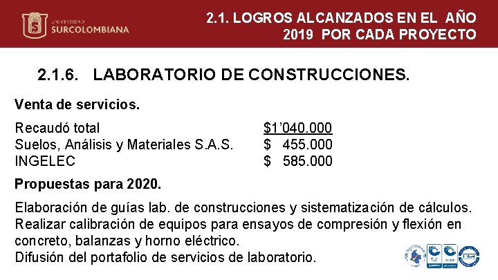 2. 1. LOGROS ALCANZADOS EN EL AÑO 2019 POR CADA PROYECTO 2. 1. 6.